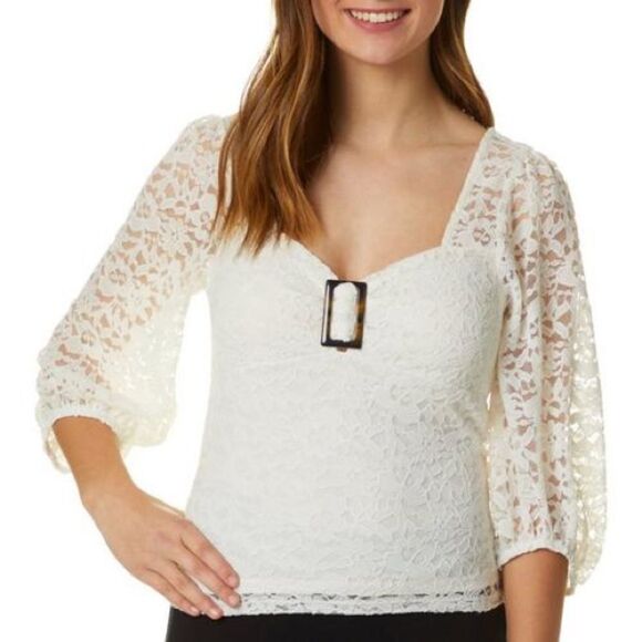 NEW LG Solid Ivory Lace V-Neck Top Blouse - Picture 1 of 16